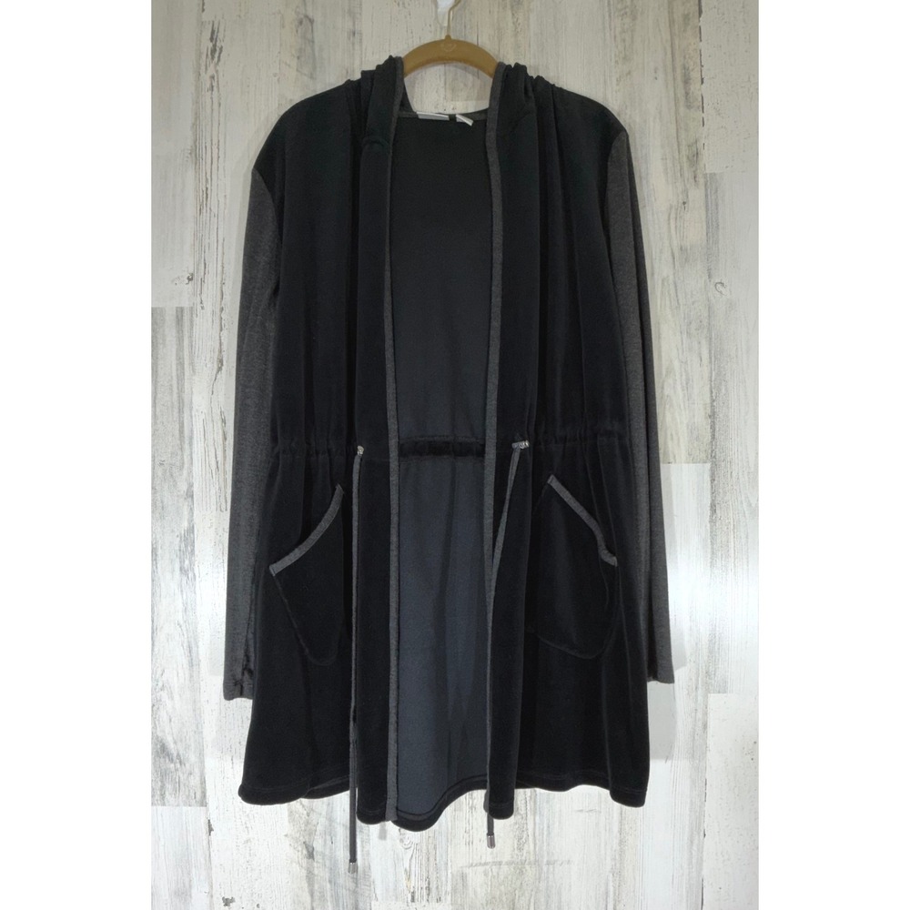 Chicos Zenergy Cardigan 2 Large Black Gray‎ Velour Hooded Open Front Drawstring